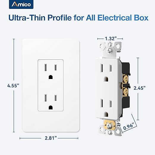 Amico Wall Outlet, 15 Amp Outlets, UL Listed, Tamper-Resistant Standard Electrical Outlet, Decorator Receptacle with Screwless Wall Plate, Suitable for Home and Business, 125V/1875W, White, 30 Pack