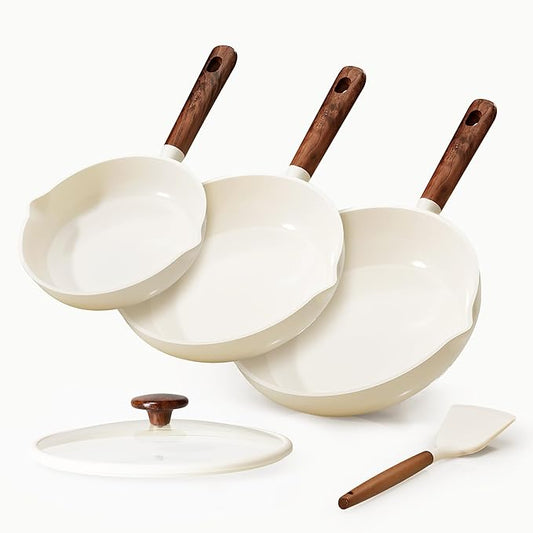 CAROTE Nonstick Frying Pans Skillets, Ceramic Coating Non-Stick Frying Pans Set, 5 PCS, Non-toxic Healthy & PFOA Free, Induction Compatible, 8+9.5+11 Inch with Colander Lid and Spatula, Cream White