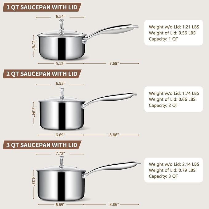 EWFEN 3 Ply Stainless Steel Sauce Pan Set with Lids, 1 & 2 & 3 Quart Multipurpose Cooking Pot, Stay-Cool Handle, Induction Oven Dishwasher Safe, 1QT & 2QT & 3QT