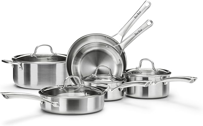 Stainless Steel Cookware Set,Tir-Ply Pots and Pans Set,10 Pcs Stainless Steel Induction Kitchen Cookware Sets,PFOA Free, Frying Pans, Butter warmer,Saute Pan & Stock Pot,Compatible with All Cooktops