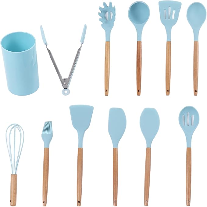 12PCS Kitchen Utensil Set, Non Stick Cooking Utensils with Wooden Handle, Silicone Kitchenware for Cooking Baking and Frying, Includes 12 Essential Tools for Home Restaurant and Pa