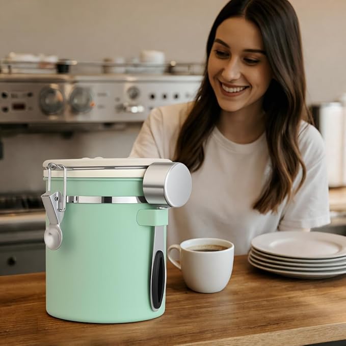 ShanSon Coffee Canister Airtight Coffee Container Stainless Steel Coffee Bean Storage Container with Scoop Coffee Canister for Beans Grounds Sugar Flour Tea Cereal,11OZ,Green