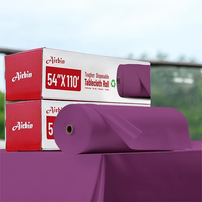Plastic Table Cloth, 110 Ft X 54 in Plastic Table Cloth Disposable Purple Tablecloth with Any Cut Sliding Cutters Premium PEVA Disposable Tablecloth for Picnics, Parties, Birthdays, Festivals