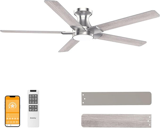 DAMINY 52 inch Nickel Ceiling Fans with Lights,5 Blades,6CCT, Low Profile,Remote Control,for Bedroom, Kitchen,Living Room,Indoor/Outdoor Use,Flush Mount