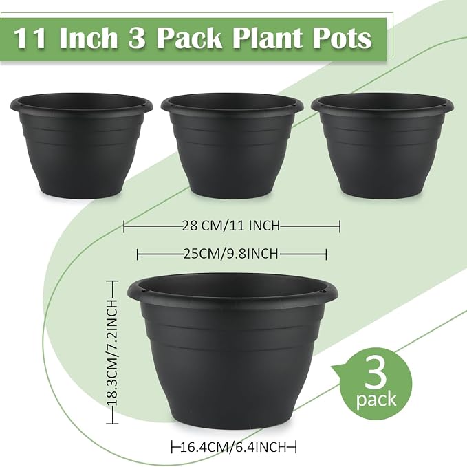 RooTrimmer 3 Pack 11 Inch Plant Pots for Indoor Outdoor,Plastic Floor Planters with Drainage Holes,Lightweight Durable Flower Pots for Home,Patio & Garden(Black)