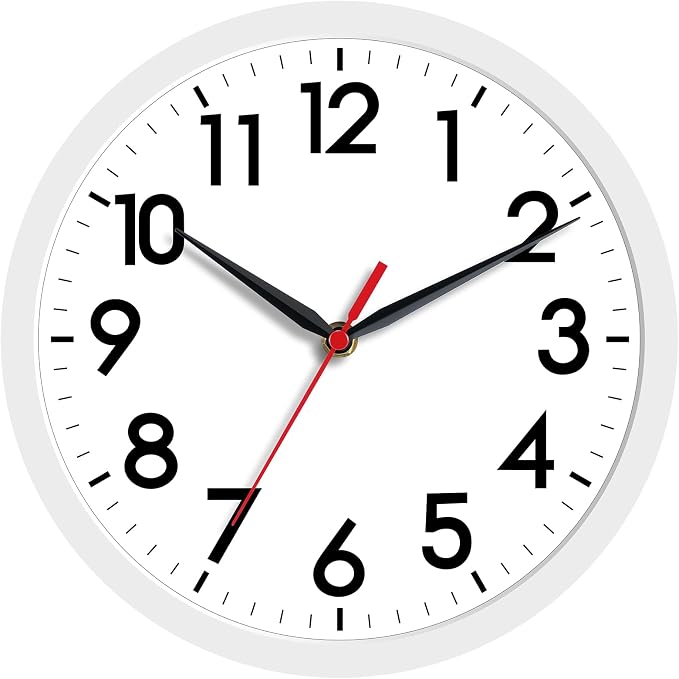 AKCISOT 8 Inch Wall Clock, Battery Operated Analog Clock, Silent Non-Ticking, Ideal for Bedroom, Bathroom, Kitchen, Office and School, White
