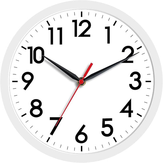 AKCISOT 8 Inch Wall Clock, Battery Operated Analog Clock, Silent Non-Ticking, Ideal for Bedroom, Bathroom, Kitchen, Office and School, White