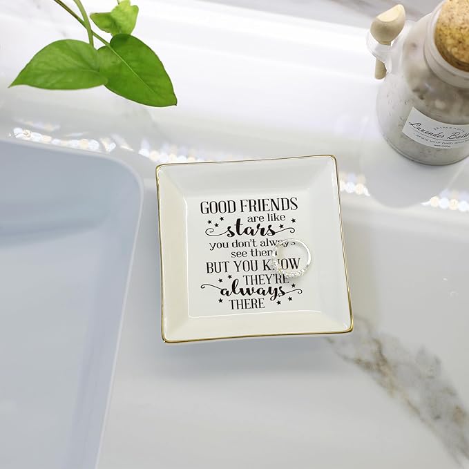 HOME SMILE Good Friends Bestie Birthday Gifts for Women Her Ring Trinket Dish Jewelry Tray-Good Friends are Like Stars - You Don't Always See Them But You Know They're Always There, Friendship Gifts