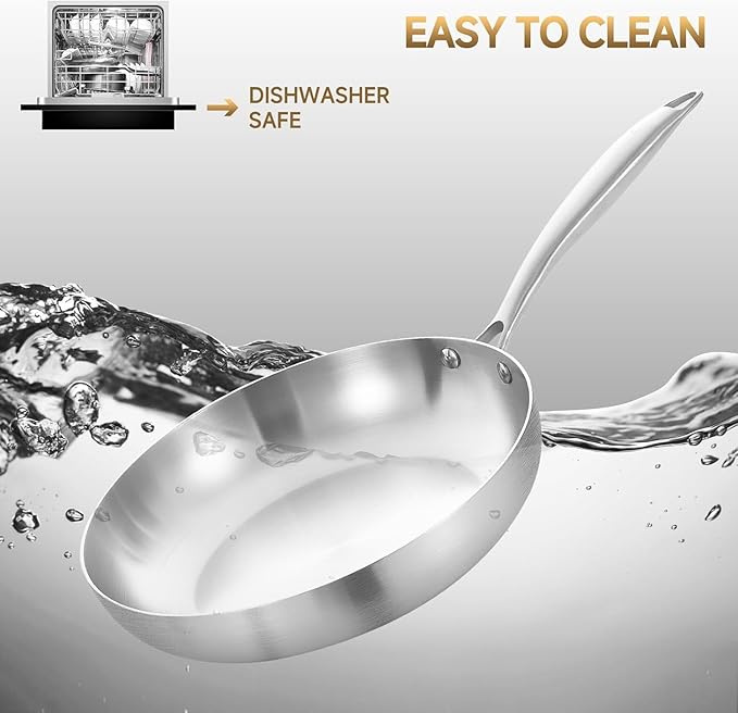LOLYKITCH 9.5 Inch Tri-ply Stainless Steel Frying Pan with Lid,Skillet,Induction Cooking Pan,Dishwasher and Oven Safe,Riveted Handle.