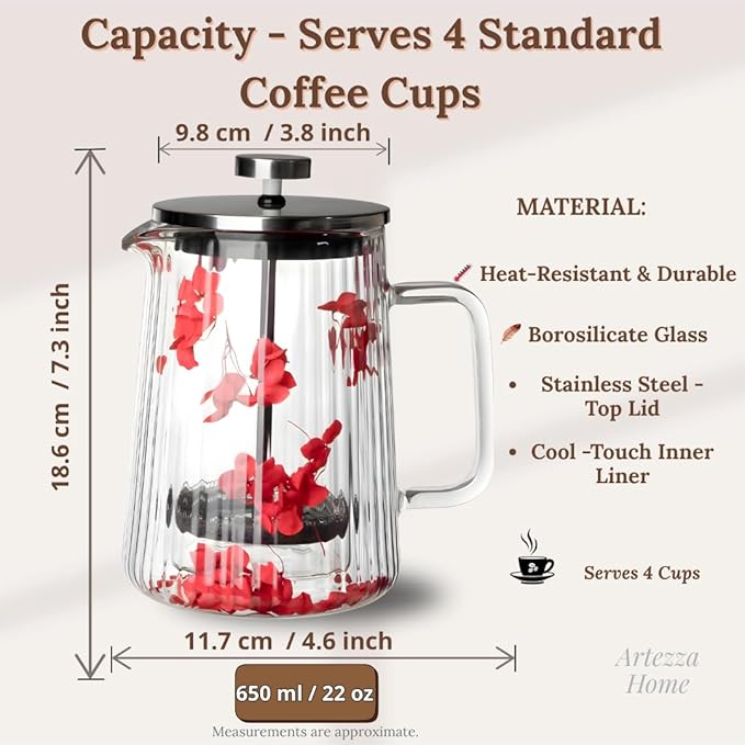 Glass French Press Coffee Maker 22oz (Red Floral) – Double-Wall Borosilicate Ribbed Coffee Press with Stainless Steel Filter, Manual Coffee Brewer & Tea Press