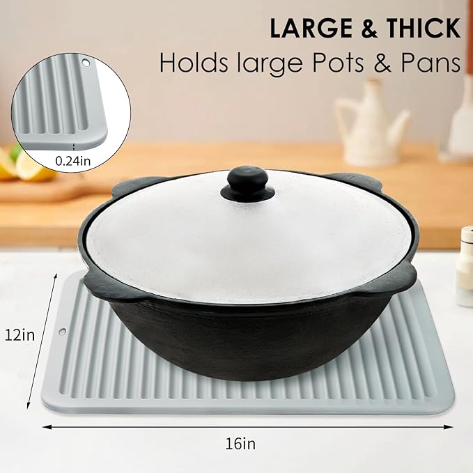 Large Silicone Trivet 16'' X 12'' Silicone Hot Pads for Kitchen Nonslip and Heat Resistant Hot Pads Trivets for Kitchen Protect Table Quartz Countertops, Gray