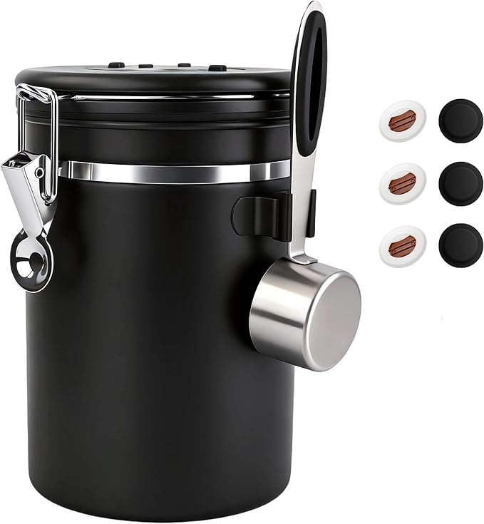 ShanSon Coffee Canister Airtight Coffee Container Stainless Steel Coffee Bean Storage Container with Scoop Coffee Canister for Beans Grounds Sugar Flour Tea Cereal,22OZ, Black