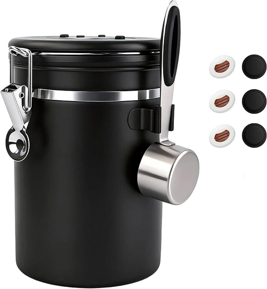 ShanSon Coffee Canister Airtight Coffee Container Stainless Steel Coffee Bean Storage Container with Scoop Coffee Canister for Beans Grounds Sugar Flour Tea Cereal,22OZ, Black