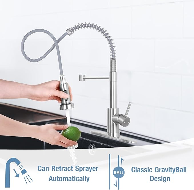 DJS Kitchen Faucets with Pull Down Sprayer Brushed Nickel -Single Handle 1 or 3 Holes Spring Kitchen Sink Faucet with Deck Plate for Farmhouse RV Vessel Basin
