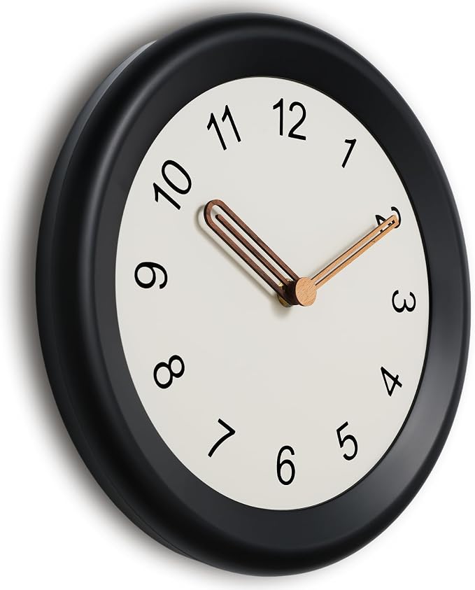 Mosewa 10 Inch Black Wall Clock Silent Non-Ticking Quartz Battery Operated Analog Clock with Wood Hands, Easy to Read Minimalist Round Clock for Kitchen Living Room Bedroom Office