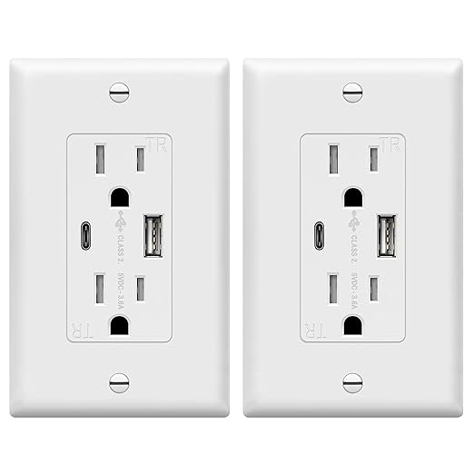 TOPGREENER USB Outlet, Type C USB Wall Outlet, 15 Amp Tamper Resistant Receptacle Plug, Charging Power Outlet with USB Ports, Wall Plate Included, UL Listed, TU21536AC-W-2PCS, White, 2 Pack