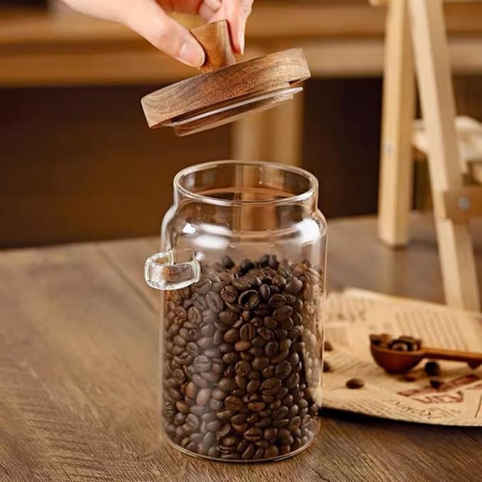 ANSQU Glass Jar with Wooden Lid & Spoon, 27oz Food Storage Containers Coffee Jar Coffee Grounds Container, Glass Food Storage Canister (1 Pack)