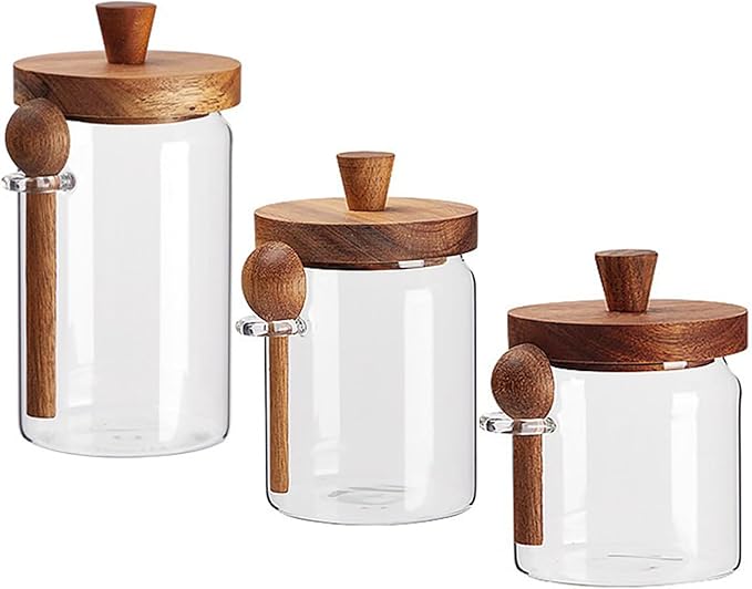 Coriario Glass Jar with Lid and Spoon 13&20&24 OZ Coffee Tea Sugar Canister Set of 3 Clear Glass Candy Jars Wooden Lids Wide Mouth Glass Coffee Storage Canister for Food Kitchen
