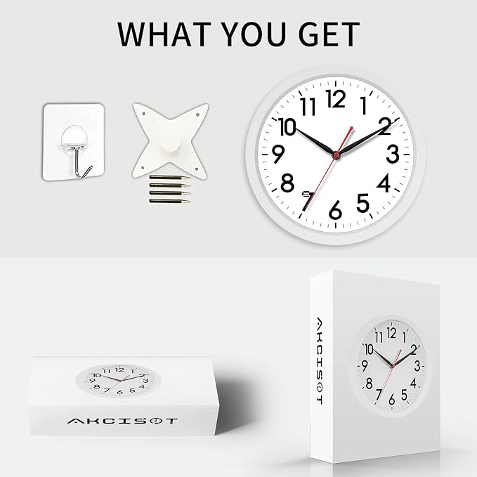 AKCISOT 14 Inch Wall Clock, Battery Operated Analog Clock, Silent Non-Ticking, Ideal for Bedroom, Bathroom, Kitchen, Office and School, White