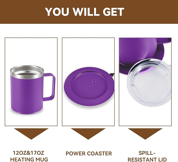 DEQIANG Self Heating Coffee Mug, Heated Coffee Mug with Smart Mug Warmer & Ergonomic Handle, Auto Heat to 131°F, USB-Powered Desk Warmer for Office Home Use, Ideal Coffee Lovers Gift (17oz Purple)