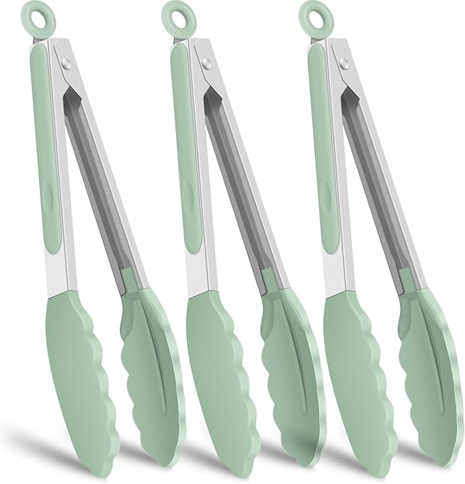 Hotec Silicone Kitchen Tongs for Cooking 9-Inch Serving Tongs with Silicone Tips, Set of 3 (Light Green)