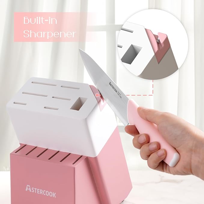 Astercook Knife Set, Kitchen Knives Set with Block and Sharpener 15 Pcs German Stainless Steel Knives Sharp Blade Dishwasher Safe Deba Knives with Ergonomic Handle, Crystal Pink Mothers Day Gifts