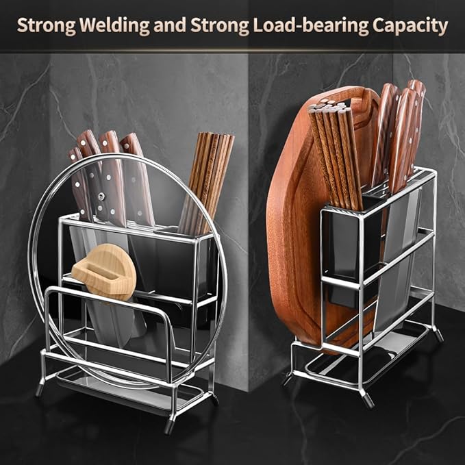Multifunctional Cutting Board Organizer, Pot Lid Organizer, 18/8 Stainless Steel Kitchen Storage Rack for Lids, Boards, Knife, Spoon and Shovel, Knife Block Holder with Drain Tray
