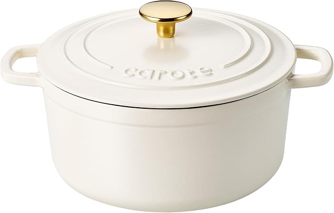 CAROTE 7QT White Enameled Cast Iron Dutch Oven Pot with Lid | Sourdough Bread Baking, Braising, Stews, Roasting, Healthy & Non-Toxic, Dual Handles, Oven Safe up to 500° F