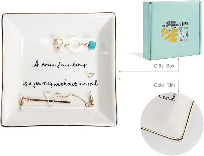 HOME SMILE Friends Gifts for Women Her Ring Trinket Dish Jewerly Tray-A True Friendship is a Journey Without an end-Birthday Gifts for Friends Female