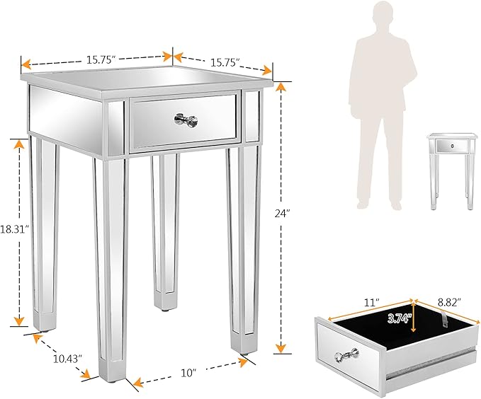 VINGLI Mirrored End Table with Drawer Silver Modern Nightstand/Bedside/Accent Table for Small Space,Living Room,Bedroom,15.7" L x 15.7" W x 24" H,Mirror