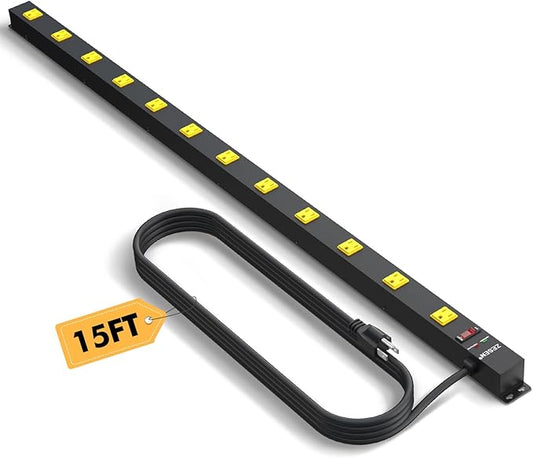 12 Outlet Industrial Long Power Strip with 15Ft Cord, 1875W Heavy Duty Metal Power Strip with Wide-Spaced Outlets & Overload Protection, ETL Listed for Garage, Workshop, Office, Home