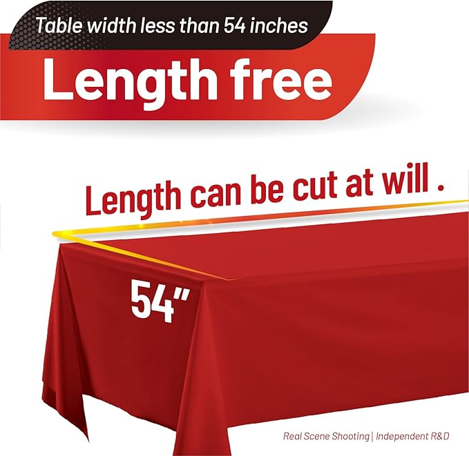 Plastic Table Cloth, 110 Ft X 54 in Disposable Tablecloth Red Tablecloth Premium PEVA Plastic Table Cloth Disposable with Any Cut Sliding Cutters for Picnics, Parties, Birthdays, Festivals