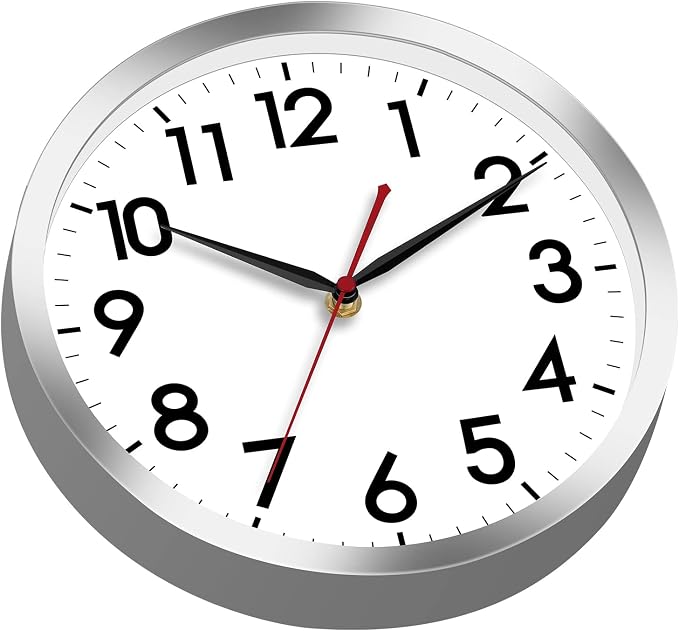 AKCISOT 14 Inch Wall Clock, Battery Operated Analog Clock, Silent Non-Ticking, Ideal for Bedroom, Bathroom, Kitchen, Office and School, Silver