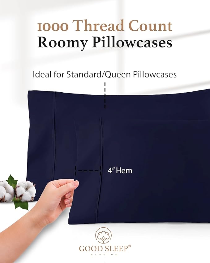 1000 TC Navy Blue Standard Pillowcases Set of 4 100% Egyptian Cotton Pillow Cases with Long Staple Cotton & Sateen Weave, Silky Soft Hotel - Like Bed Pillow Covers for Comfy Sleeping, Snug Fit