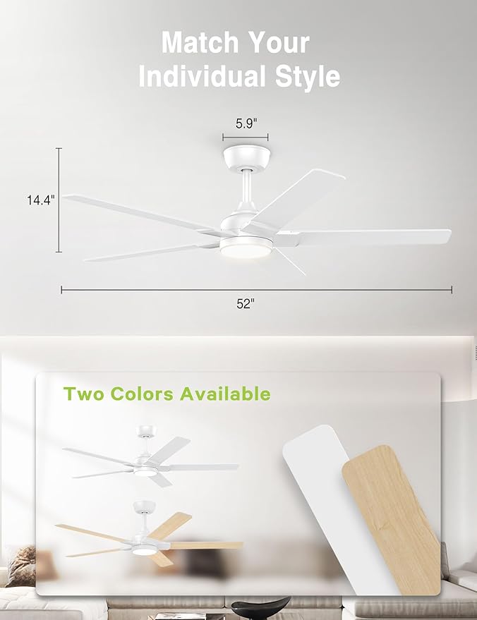 DAMINY 52 inch White Ceiling Fans with Lights,5 Blades,6CCT, Low Profile,Remote Control,for Bedroom, Kitchen,Living Room,Indoor/Outdoor Use,Downrod
