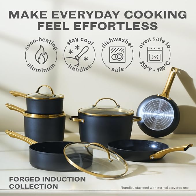 Farberware Forged Induction Ceramic Nonstick Pots and Pans Set with Lids and Kitchen Cooking Tools - Dishwasher Safe, Suitable for All Stovetops, 12 Piece Cookware Set - Black and Gold