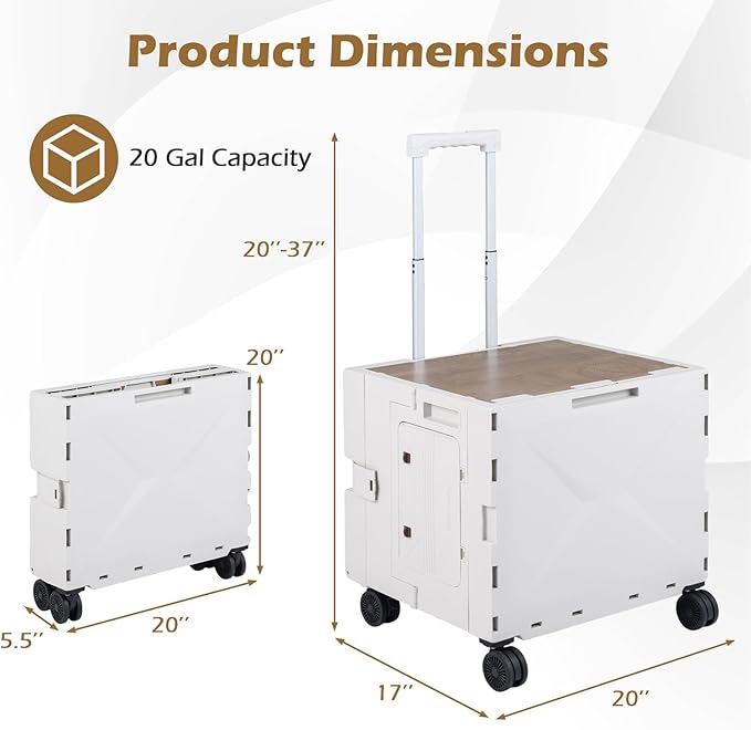 Goplus Foldable Utility Cart, Portable Rolling Crate Handcart with 4 Rotate Wheels, Telescoping Handle, Lid & Cup Holder for Travel, Shopping, Luggage, Grocery, Office & Teacher (White)