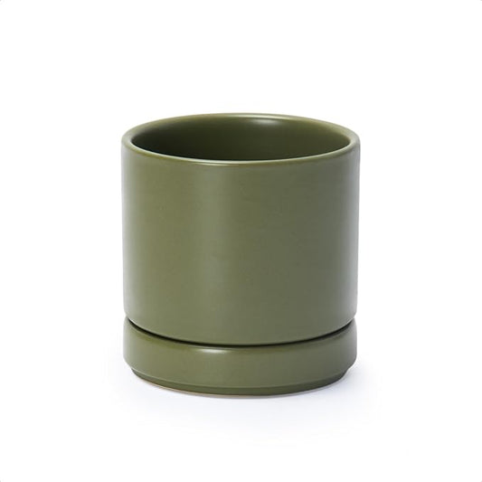 D'vine Dev 4.7 Inch Ceramic Planter Pot, Olive, 94-O-B-J | Modern Cylinder Design, Drainage Hole & Saucer Included, Stable Structure, Elegant Home Accent
