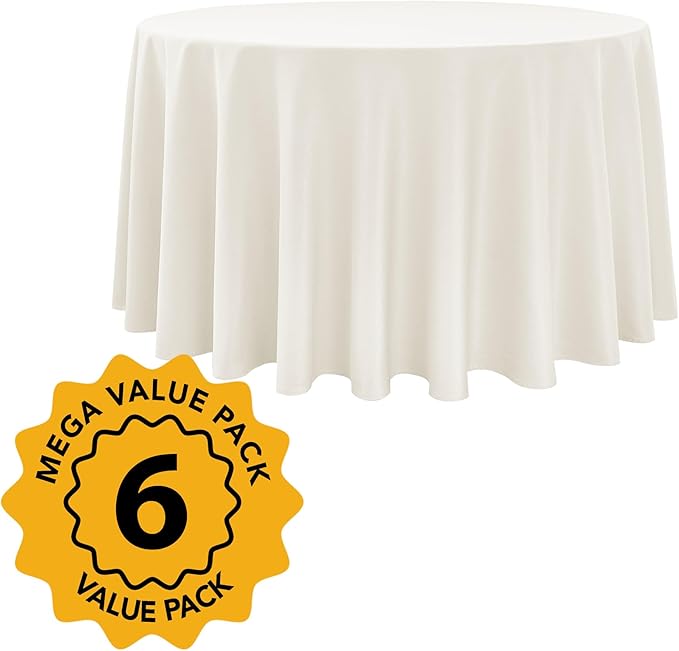 6-Pack Ivory Round Tablecloths, 108 Inches, Stain-Resistant Polyester for 4-5 Ft Round Tables - Washable Table Covers for Weddings, Banquets, Birthday Parties, Events