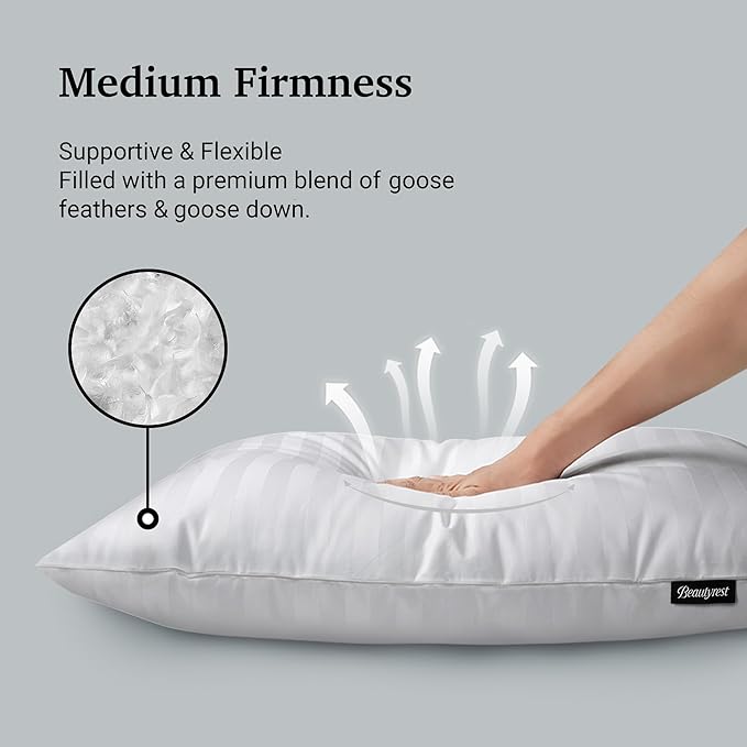 Beautyrest Luxury Goose Feathers Down Pillows Queen Size Set of 2, Hotel Collection Fluffy Bed Pillows, Medium Firm Hypoallergenic Pillow, 500 Thread US Grown Cotton Cover (20x28, Pack of 2)