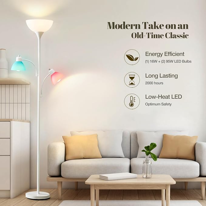 Luvkczc White Floor Lamp, 72" Tall Standing Floor Lamp with 5 Replace Lampshades, Torchiere Lamps with 8W Adjustable Reading Lights, Floor Lamps for Living Room, Bedroom, Office, Bulbs Included
