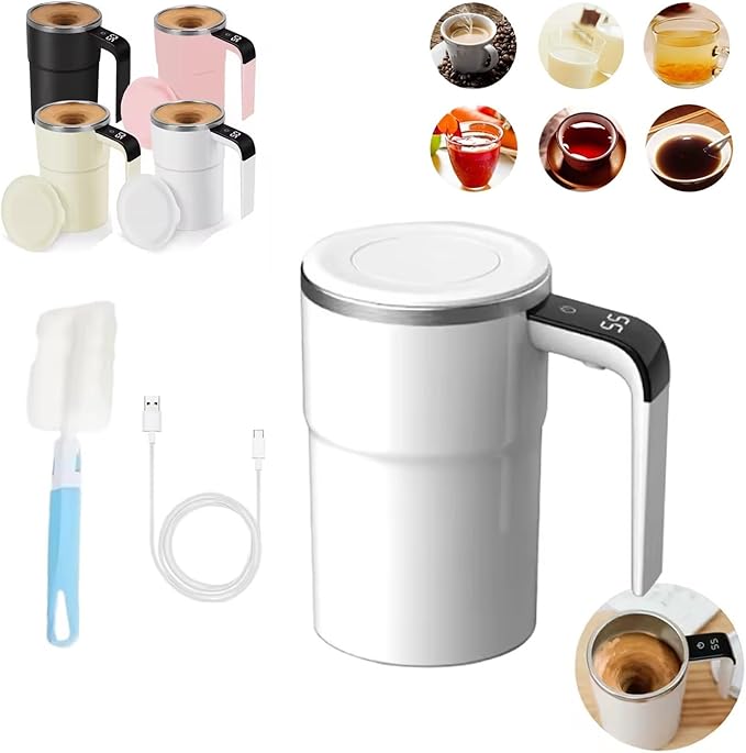 Taza Inteligente Para Cafe, Intelligent Coffee Cup with Lid, Automatic Magnetic Stirring Coffee Mug, Rechargeable Self Mixing Mug with LED Display Temperature for Milk Tea, Office Household(White)