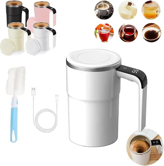 Taza Inteligente Para Cafe, Intelligent Coffee Cup with Lid, Automatic Magnetic Stirring Coffee Mug, Rechargeable Self Mixing Mug with LED Display Temperature for Milk Tea, Office Household(White)