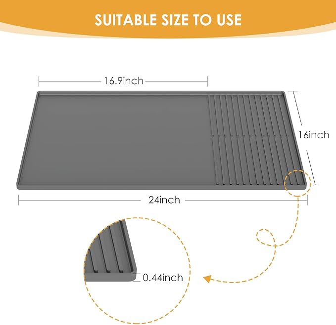 WUDIALIEN Silicone Coffee Mat with Raised Edges, 24'' x 16'' Bar Mat for Countertops, Fits Under Coffee Maker, Espresso Machine, Dish Drying Mat, Gray