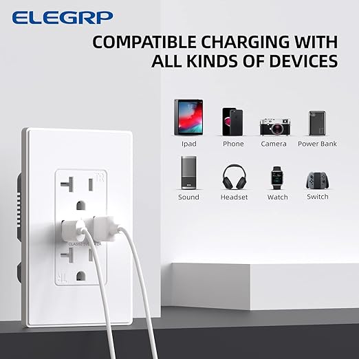 ELEGRP USB Charger Wall Outlet - 20 Amp Duplex Tamper Resistant Receptacle with USB A & C Ports, NEMA 5-20R, Wall Plate Included, UL Listed, 30 Pack, Matte White