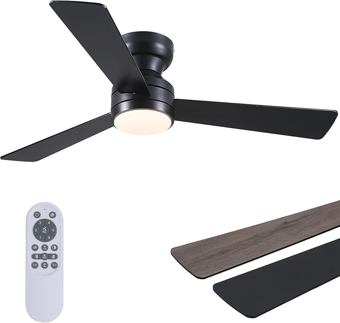 Asyko Ceiling Fans with Lights,46" Low Profile Ceiling Fan with Light and Remote Control,Flush Mount, Reversible, Dimmable, Noiseless, Black Ceiling Fan for Bedroom