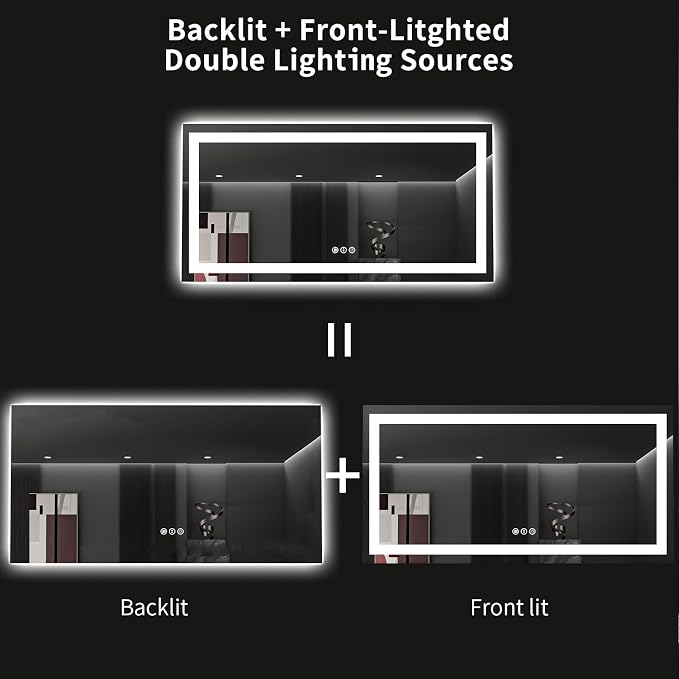 LOAAO 60"X36" LED Bathroom Mirror with Lights, Anti-Fog, Dimmable, Backlit + Front Lit, Lighted Bathroom Vanity Mirror for Wall, Memory Function, Tempered Glass, ETL Listed