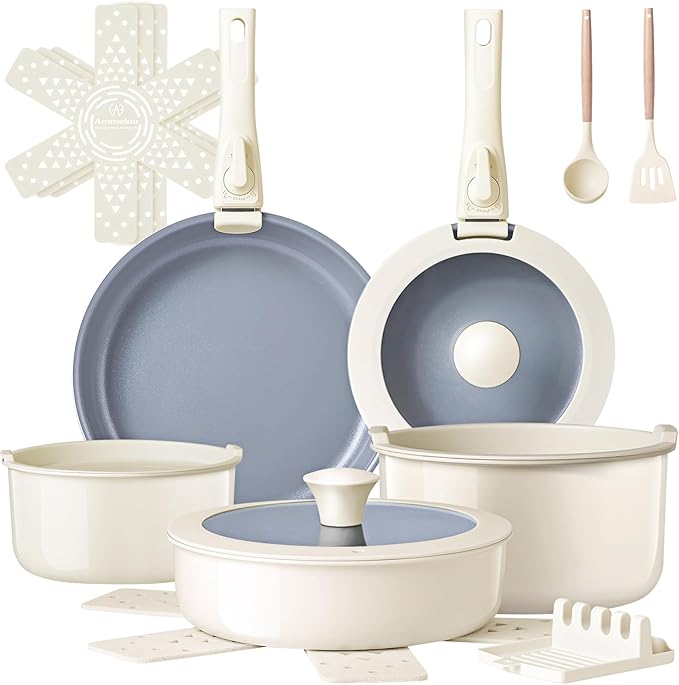 Ammeloo 18-Piece Ceramic Pots and Pans Set Non Stick, Non Toxic Cookware Set with Removable Handles, Pot Sets for Cooking, Induction Ready, Dishwasher & Oven Safe, PFAS PFOA & PTFE Free (Cream White)