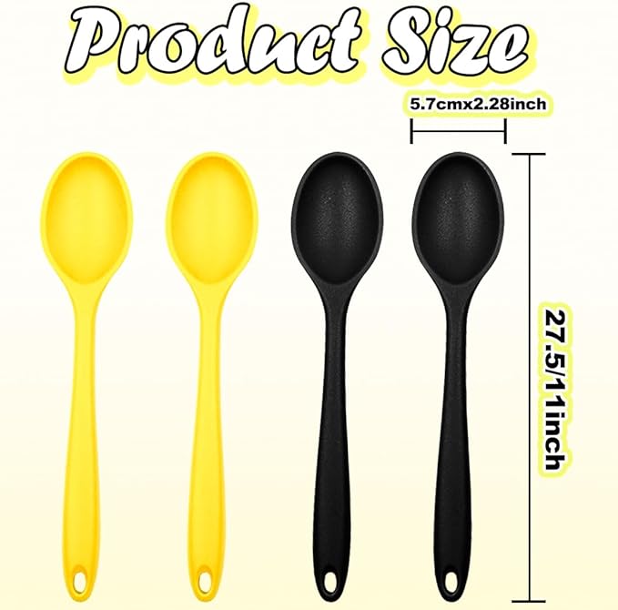 4Pcs Silicone Basting Serving Spoon Silicone Nonstick Mixing Spoon Silicone Spoons for Cooking Heat Resistant Non Stick Serving Spoon for Kitchen Cooking,Baking,Stirring (Black+Yellow)