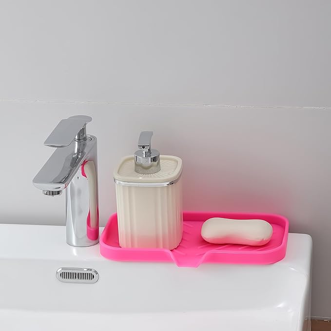 MicoYang Silicone Soap Dish with Drain Spout — Self-Draining Sink Organizer Tray for Bathroom & Kitchen, Sponges, Dispensers & Soap Holder, Non-Slip & Dishwasher Safe, Rose (Medium, 9.6"×5.3")